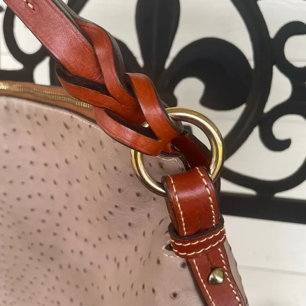 Dooney & Bourke Twist Strap Ostrich Hobo Shoulder Bag Red Interior Tassel Taupe